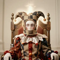 realistic photo of a blurred face of a jester, standing alone in front of the throne with a checkerboard burlap sack over his head emitting aura, 1 9 6 0, life magazine photo, natural colors, metropolitan museum, kodak, 8 k, very detailed, high resolution, product photo,