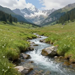 natural mountain gush, small river, creek, high mountains, meadow, alps, digital painting, photo realism, hudson river school, realistic lighting, idyll