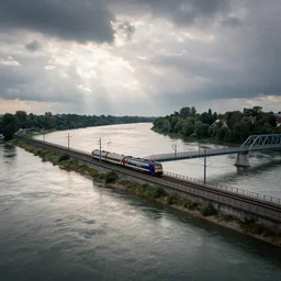 a train passing over a wide river on a cloudy day, seen from above, ultra realistic, cinematic, dynamic light, atmosphere, europe