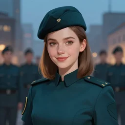 young woman with shoulder length light brown hair and hazel eyes dressed in a sharp dark teal military uniform and beret, smiling, blurred city background in twilight lighting, ilya kuvshinov, greg rutkowski, guweiz, ross tran, loish, svetlana tigai, artgerm, artstation trending, concept art, digital painting