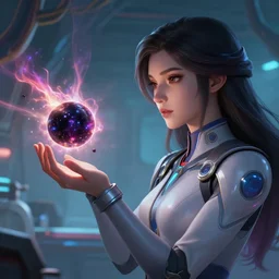 league of legends concept art beautiful young female scientist in hi tech suit examining small black hole in her hand, long hair, futuristic laboratory interior, black hole with plasma jets, art by charles liu, close - up profile shot, fantasy style, soft lighting, vibrant color scheme, female portrait, ultra detailed, volumetric lighting, octane render, commission art, 8 k wallpaper