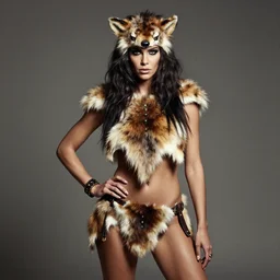 a neanderthal woman wearing animal skin, posing as a model for vogue, studio lighting