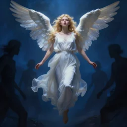 a blonde angel descending from heaven to the blue hell, shadow people, dramatic light, by roberto ferri