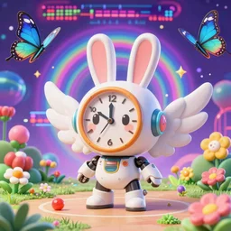 3 d render of chibi clock cyborg bunny fairy sprite with angel wings against a bullet hell game, psychedelic surreal background with 3 d butterflies and 3 d flowers n the style of 1 9 9 0's cg graphics 3 d rendered y 2 k aesthetic by ichiro tanida, 3 do magazine, wide shot