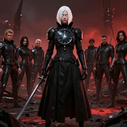 a photography of a battlefield,  pretty Mercenary dress black clock, has white hair and white eyes, shining star, cyberpunk,  by Wolp, Sparth, Mark Brooks, Brad Kunkle, Vincent di fate, Paul-chadeisson, Dylan Cole, Jin Kim,Denis Villeneuve, Ben Nicholas, Anton Fadeev, thomas kinkade, rutkowski, Finnian MacManus, Syd Mead, Tsutomu Kitazawa,  black and red scheme, 8k, Unreal Engine 5