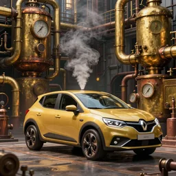 steampowered Renault sandero in the steampunk city. Brass pipes and weathered metal. Dials and ssteam, water tanks