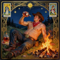 a dramatic, epic, ethereal painting of a !!handsome!! !!!!!thicc!!!!! mischievous shirtless cowboy with a beer !!belly!! wearing a large belt and bandana offering a whiskey bottle | he is relaxing by a campfire | background is a late night with food and jugs of whisky | homoerotic | stars, tarot card, art deco, art nouveau, intricate | by Mark Maggiori (((and Alphonse Mucha))) | trending on artstation