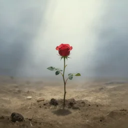 lonely rose growing on dry soil, jim carey caring for the rose, fantasy world, ethereal back light, mist, coherent composition, detailed fantasy painting, noriyoshi ohrai, yuumei, mark brooks