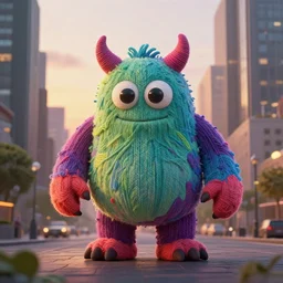 a large monster made out of yarn is attacking the center of the city at magic hour,