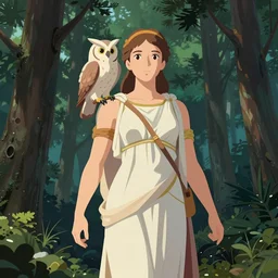full body shot of the goddess athena with owl on shoulder, pine forest, cel shaded vector art, toon shading, behance, hd by lois van baarle, artgerm, helen huang, by makoto shinkai and ilya kuvshinov, rossdraws