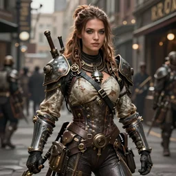 detailed ultrarealistic photography of steampunk robust street warrior girl, greg rutkowski, greg hildebrandt artstation mignola cinematic, full shot