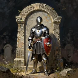 A lone knight in front of a stone tomb with a sturdy shield and shiny sword by Geof Darrow