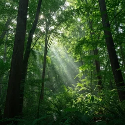 A lush green forest in the morning; rays of light coming through the canopy