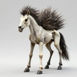 a shapeshifting monster with a face of a skeletal horse, massive porcupine quills, long limbs, stands on two bent legs, smooth, sharp details, skulking a dark cavern, photograph award winning, unreal engine, hyper realistic, dark volumetric lighting, 4 k,