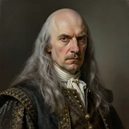 portrait painting of an arrogant balding man with long grey hair wearing worn noble garments no beard, sharp focus, award - winning, trending on artstation, masterpiece, highly detailed, intricate. art by rebecca guay