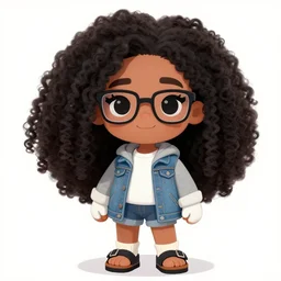 a very beautiful girl with # e 0 a 3 7 a skin color, long, puffy, afro hair, stylistic oval black eyes, half - frame square glasses, grey hoodie opened, white t - shirt, white gloves, denim jacket, birkenstock sandals, cartoon style, character art, cute, digital art