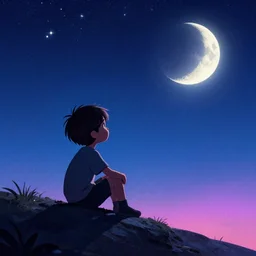 a kid sit in the fool watching the starry sky and new moon, miracle, sideview, masterpiece epic retrowave art, trending on art station