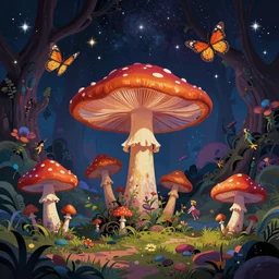 psychedelic mushrooms, enchanted cosmic forest, mushrooms on the ground, small fairies, stars in the sky, butterflies, psychedelic, wide angle shot, vector art, fantasy poster by helen huang and frank frazetta and salvador dali