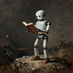 a gorgeous Carl Spitzweg painting of a robot standing on a rocky hill reading a book, artstation