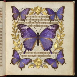 a page from an illuminated manuscript with purple butterflies, gold, leaf, and calligraphy in the style of ida outhwaite, extremely detailed, 8 k