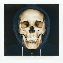 close-up shot of a skull wearing hoodie in 80s, funny, Polaroid photo, by Warhol