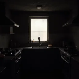lights off, underexposed photography, dark underground kitchen, windowless
