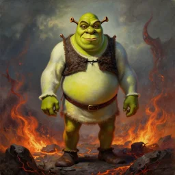 baroque oil painting of shrek standing in hell, overcast, evil, lava and fire