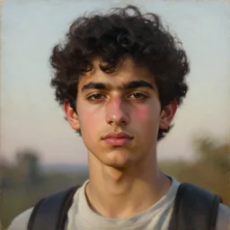 oil painting by ilya kuvshinov, baugh casey, rhads, coby whitmore, of a youthful persian - indian college student, olive skin, male, handsome, high cheekbones, effeminate, curly black hair, outdoors, highly detailed, breathtaking face, studio photography, dawn, intense subsurface scattering, blush, supple look, innocence, intense sunlight