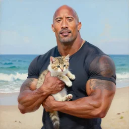 dwayne johnson holding a kitten at the beach, oil painting