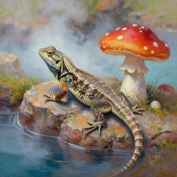 highly detailed oil painting of a mushroom lizard in a steaming colorful hotspring, featured on artstation