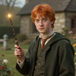 beautiful cottagecore young ron weasley holding a magicwand. intricate, elegant. highly detailed, digital painting, artstation, concept art, smooth, sharp, focus, illustration. . art by artgerm and greg rutkowski and alphonse mucha