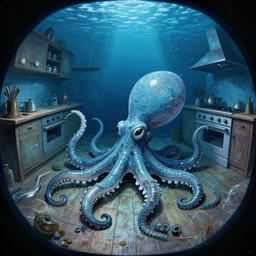 glass blowing, fisheye spiral lines, naive, extra narrow, detailed illustration of a kitchen, large floor, octopus shaped by rhads from lorax movie, trending artstation, dark blue underwater