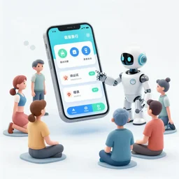 a robot doctor introducing a group of patients to a sports exercise app digital art