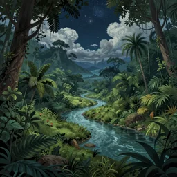 a beautiful landscape, Jungle, river, night, stars, clouds, detailed illustration, digital art, overdetailed art, concept art, Sylvain Sarrailh, Dan Mumford, Sebastian Luca, Greg Rutkowski,  trending on artstation