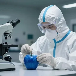 a scientist wearing a hazmat suit is studying a blue apple, film still, 8k, enhanced
