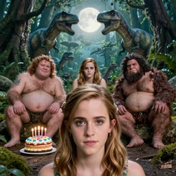 photo, three hairy fat cave people, emma!! watson!!, looking at camera, surrounded by dinosaurs!, gigantic forest trees, sitting on rocks, bright moon, birthday cake on the ground, front close - up view of her face, selfie, jelly monster