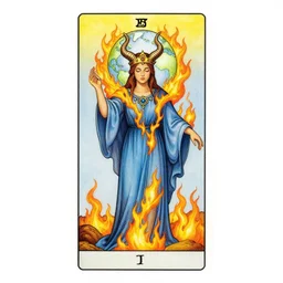 an occult tarot card, the high priestess with a beautiful face, wearing a horned crown with a globe mounted in it, wearing a flowing blue gown, wreathed in flame, rule of thirds, clever design, oval decorative modern graphic design border, minimal, flat colors, tarot card, by hannah hoch and jesse treece and christian jackson and josh brill