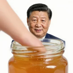 A high quality photograph Xi Jinping sticking his hand in a honey jar, 85mm,