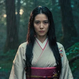a cinematic portrait bust of woman stood in the rain, light leaking through trees, forest background, long black hair, kimono, rain, princess mononoke, 4 k, greg rutkowski, high detail, dramatic lighting, afternoon, hayao miyazaki, masashi ando, nizou yamamoto, kazuo oga, joe hisaishi, yoji takeshige, naoya tanaka