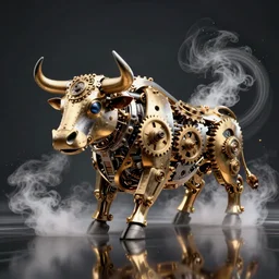 a clockwork mechanical bull there are gears sticking out of the bull steam emanates from the bull and swirls around it , ultra high detail, high particle effects, highly reflective surface, realistic reflections