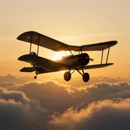 the silhouette of a biplane flying through golden clouds at sunset, digital art, detailed, 4 k, artstation