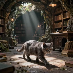fantasy VFX movie of a grey cat walking through a wizards magic underground library study lair, natural lighting by Emmanuel Lubezki