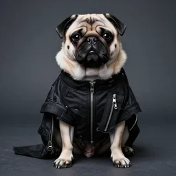 portrait of a pug as a rick owens model, darkwear, techwear, goth pug, photo