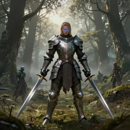 big muscular female warrior with glowing blue eyes wielding two swords wearing full body knight armor, forest plains of yorkshire, misty forest, elden ring, dark souls, horizon zero dawn, good value control, digital painting, sharp focus, rule of thirds, 4k, centered, magic hour photography, atmospheric, moody colors