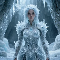 full shot of a regal brown woman wearing an intricate and detailed armor made of many layers of ice. no makeup!! freckles!! stalactite hair. haunting eyes. vulnerable. fragile. ethereal. elaborate. ice caves. glaciers. refracted light. extremely soft lighting. textures. delicate. translucent. photorealistic. octane render