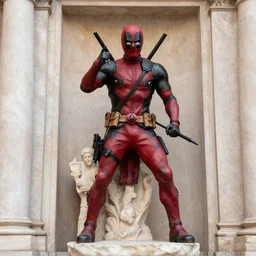 deadpool as statue in old rome, carving, marble