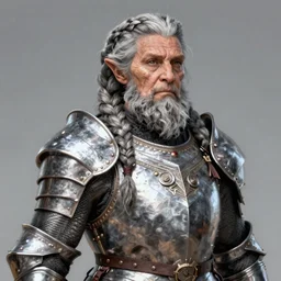 elderly female dwarven heavyset fighter with grey braided hairstyle and beard in braids and wrinkled skin wearing platemail armor by rossdraws