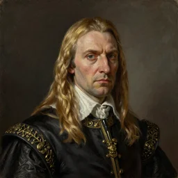 Parlor Portrait of Emperor Varis, a taciturn bastion of stately might, angular features, stern expression, long blond hair slicked back, high cheekbones and jowls, featured on artstation, character concept art, oil painting, key visual by Rembrandt and Caravaggio