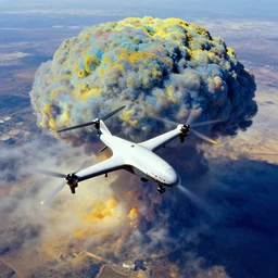 combat drone strike war footage, ir, chromatic aberration!!!!!!!!!!!, broken camera colors, iridescent saturated infrared camera, very high contrast, nuclear cloud, high angle vertical