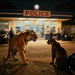 a tiger is threatening a panther at the police station, zenith view, warm color palette, night time, dramatic lighting, noir film, fine details, high contrast, blacksad, kim jung gi, greg rutkowski, trending on artstation, 8 k, ultra wide angle